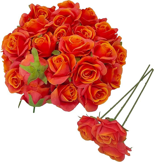 Artificial Satin Sunset Red Rose Flower Heads,42 Pcs Orange Red Silk Rose Heads with Stems,3.5'' Rose Artificial Flowers Bulk,Artificial Rose Flower Heads for DIY Crafts Bouquet (42, Sunset red)