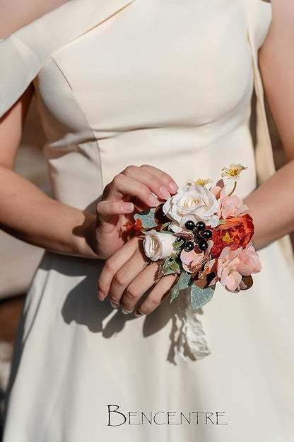 Terracotta Corsages for Wedding(Set of 6),Corsages for Prom,Party Prom Hand Flower Decor,Mother of The Bride Corsage,Bridesmaid Wrist Corsage,Wrist Corsage Bracelets