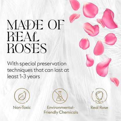GLAMOUR BOUTIQUE Flower Forever Gift Box 12 Real Preserved Roses in Round Velvet White Box, Handmade, Rose Petals, Birthday, Marriage, Anniversary, Graduation - Pink