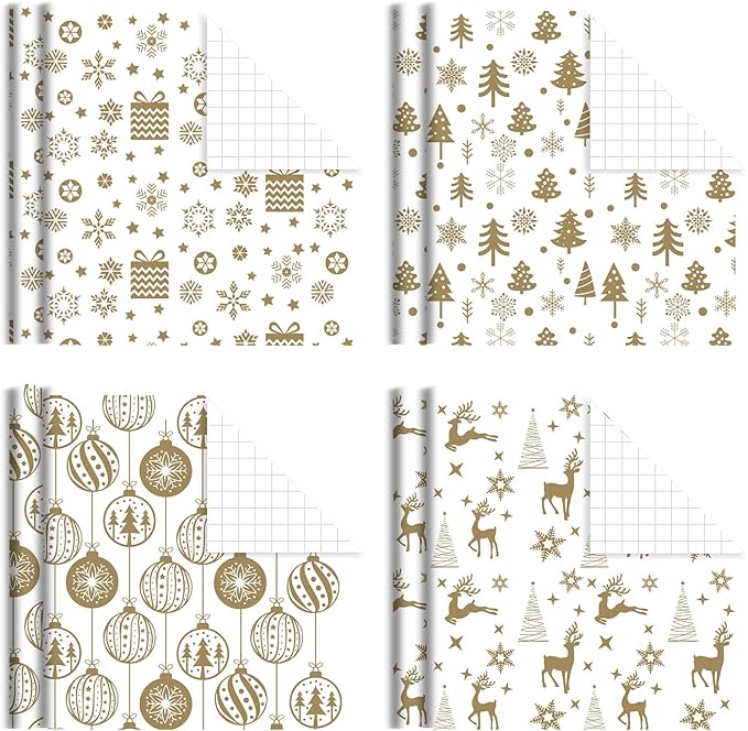 KIMOBER 4 Rolls Christmas Wrapping Paper with Cut Lines on Reverse,Coated Paper with Golden Christmas Elements(30in × 144in Per Roll)