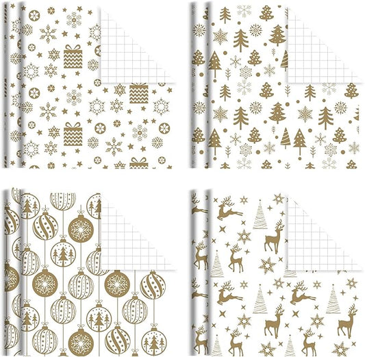 KIMOBER 4 Rolls Christmas Wrapping Paper with Cut Lines on Reverse,Coated Paper with Golden Christmas Elements(30in × 144in Per Roll)