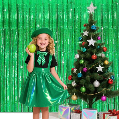 5 Pack Green Streamers Backdrop Metallic Foil Fringe Tinsel Curtains for Birthday Dinosaur Animal St Patrick's Day Football Christmas Jungle Theme Party Decorations