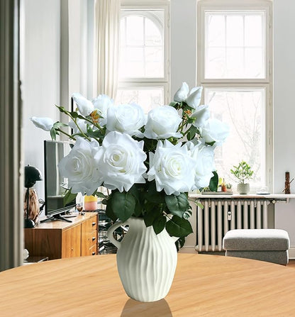 White Fake Flowers for Wedding Decor,Realistic Artificial Flowers Indoor 5 Bouquets（15 Heads） for Room Decor,Real Touch Fake Roses for Bathroom Garden Kitchen Cake Bride Centerpieces Backdrop Decor