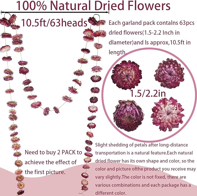Dried Flowers Garland Real Daisy Sunflower Garlands 10.5ft 63 Pcs Natural Dried Daisy Flowers Heads Gerbera Daisies Dry Flower Arrangements for Wedding Boho Decor Home Party Wall Hanging