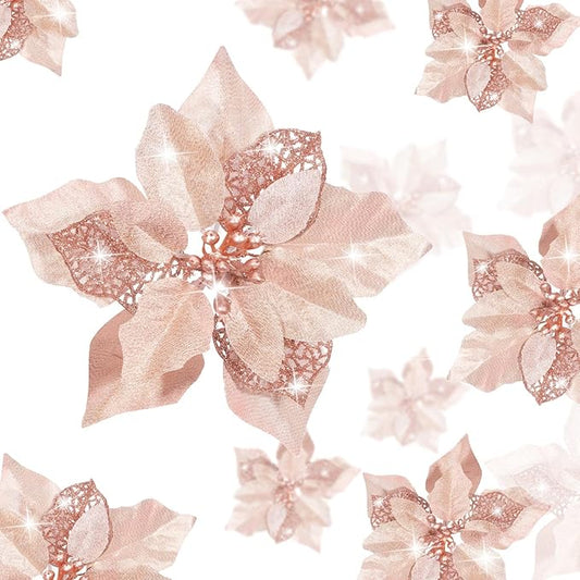 Boao 24 Pieces Christmas Artificial Glitter Poinsettia Flowers Xmas Flowers Wedding Christmas Tree New Year Ornaments(Rose Gold)
