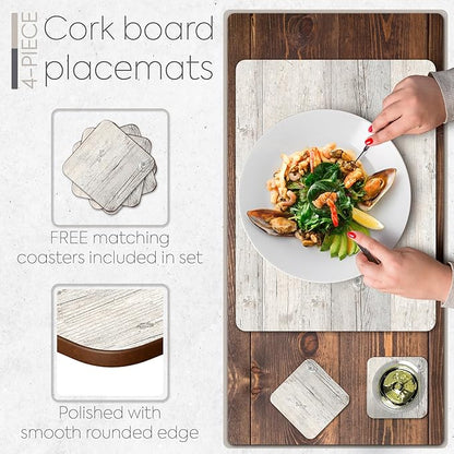 Set of 4 Heat Resistant Cork Placemats for Dining Table with Free Set of 4 Matching Drink Coasters Cork Wood Design Print 16 x 12 Inches Cork Backed Hard Placemats (White Driftwood)