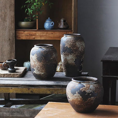 Denique Rustic Vase for Home Decor, Farmhouse Terracotta Vases, Large Ceramic Vase for Living Room Decor, Black Pottery Vase Large Clay Vase, Rustic Farmhouse Tabletop Decor(B-22cm)