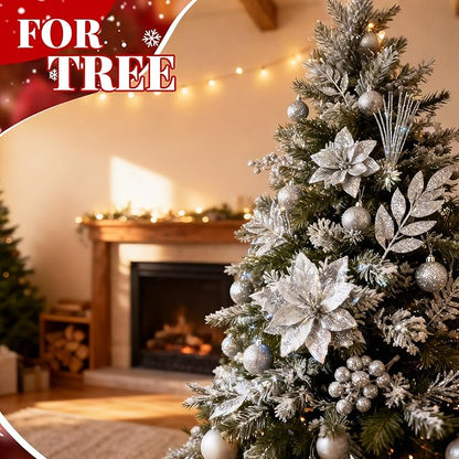 Yerliker 108 Pcs Sliver Glitter Christmas Picks and Sprays, 12 Styles Artificial Christmas Floral Berry Branches Flowers Stems for Xmas Tree Ornaments Wreath Garland DIY Vase Holiday Party Decor