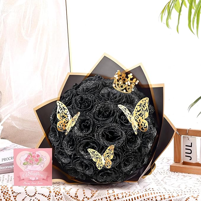 Waipfaru 36 Pcs Glitter Roses Bouquet, DIY Fake Flowers Bouquet, Artificial Black Rose Bouquet for Valentines, Mothers Day Gifts, Anniversary, Engagement, Wedding