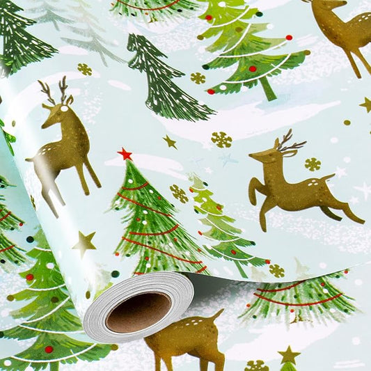 MAYPLUSS Christmas Wrapping Paper - 17 In x 33 Feet - Cute Watercolor Winter Snowy Wonderland Deer and Christmas Tree Print Holiday Gift Wrap Paper for New Year, Xmas Gift Wrap, Party, Nature Lover