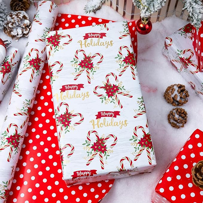 MAYPLUSS Christmas Wrapping Paper Roll - 17 Inch X 33 Feet - Christmas Holly Candy Cane Reversible Polka Dot Gift Wrapping Paper, Thick Wrap Paper for Holiday Party New Year Kids