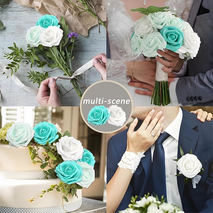 100PCS Artificial Flowers Green Series Roses Real Looking Foam Fake Roses with Leaves and for DIY Wedding Bouquets Bridal Shower Centerpieces Party Decorations (Green Series, 100)