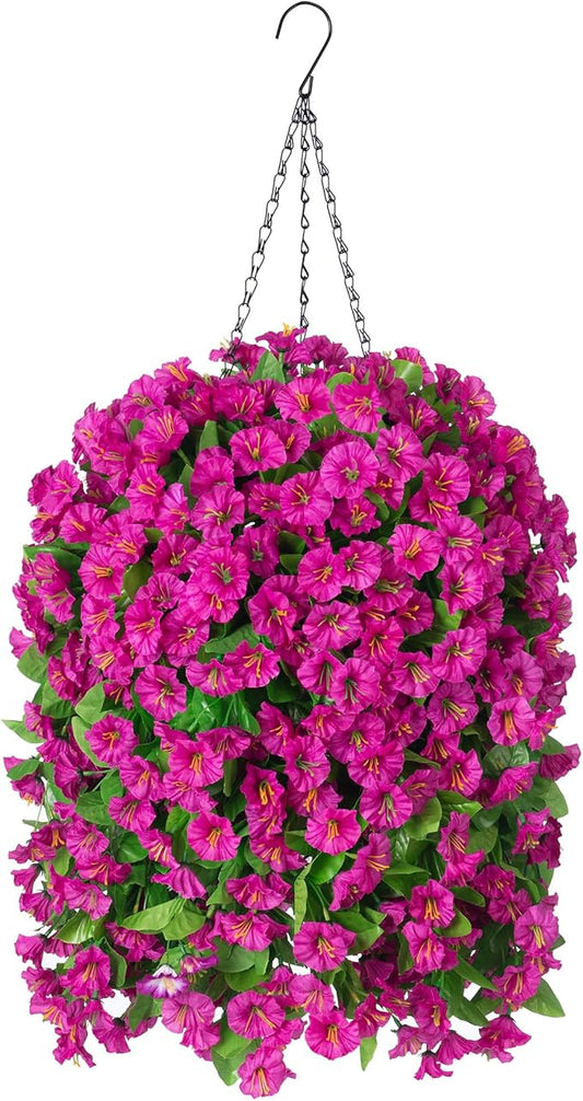 Artificial Faux Hanging Flowers Basket for Spring Summer Outdoor Porch Decoration, Fake Silk Colorful Morning Glory Eucalyptus in Planter UV Resistant for Home Balcony Yard(Red Purple)
