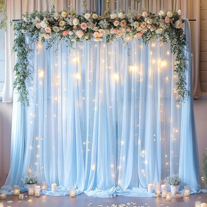 20ft x 10ft Blue Backdrop Curtain with Lights String for Parties, Sheer Tulle Wedding Photo Backdrops Drapes for Baby Shower Birthday Party Decorations Background for Photography
