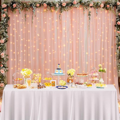 20x8ft Peach Tulle Backdrop Curtain with Lights String for Parites, Sheer Backdrop Curtains for Wedding Baby Shower Birthday Party Photo Shoot Decorations