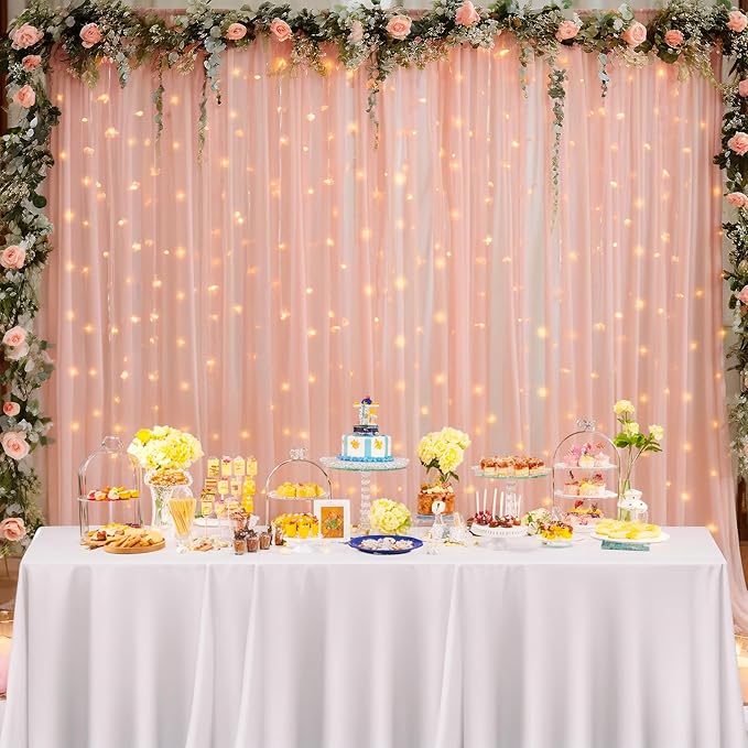 30x8ft Peach Tulle Backdrop Curtain with Lights String for Parites, Sheer Backdrop Curtains for Wedding Baby Shower Birthday Party Photo Shoot Decorations