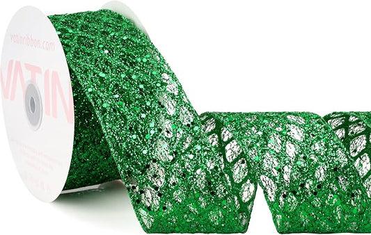 VATIN 2-1/2" Green Christmas Ribbon, Green Glitter Mesh Diamond Web Sequin Dots Wired Christmas Ribbon for Gift Wrapping Bow Making Wreath Supply-10 Yards