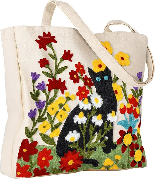 Aesthetic Embroidery Tote Bag for Women - Reusable Canvas Cute Shoulder Bag for Shopping, Grocery, Work, Book
