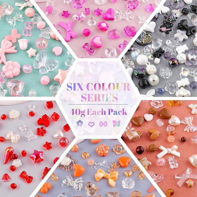 Assorted 400-450PCS Acrylic Beads for Bracelet Making, Flower Bow Candy GummyBear Kawaii Beads,Cute Bead for Jewelry Making DIY Necklace Keychain Phone Charms Christmas Gift(6 Colors)