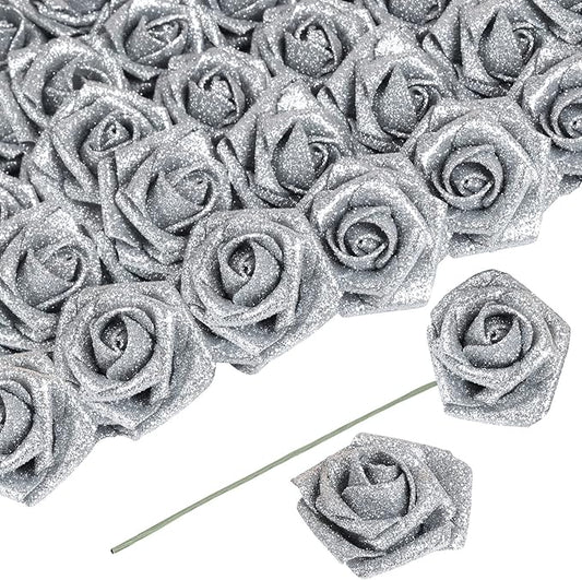 Artificial Flowers 30 PCS Silver Glitter Foam Artificial Flowers with Stem, Glitter Roses Shiny Flowers for DIY Wedding Bouquets Party Home Decor(Silver)