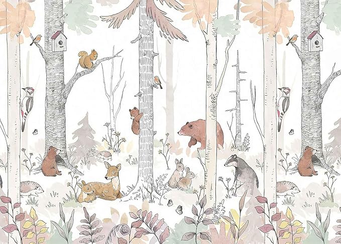 Kids Tree Wallpaper Mural Cute Animals Plants Birds Wallpaper for Nursery Boys Girls Bedroom Living Room (Not Self-Adhesive)