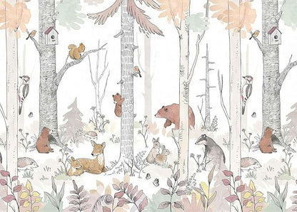 Kids Tree Wallpaper Mural Cute Animals Plants Birds Wallpaper for Nursery Boys Girls Bedroom Living Room (Not Self-Adhesive)