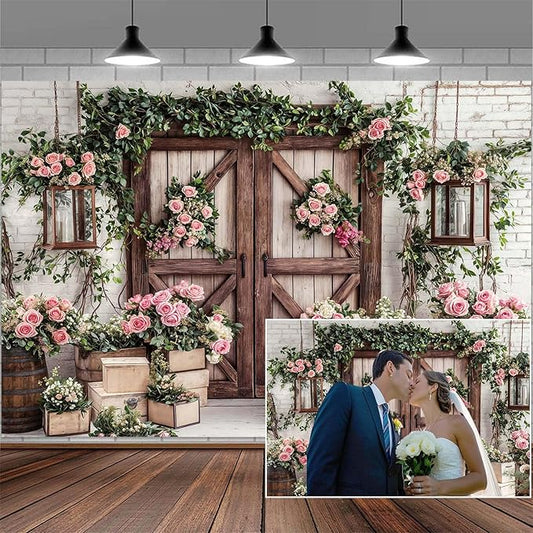 15x10ft Country Wedding Photography Backdrop Floral Rustic Roses Farmhouse Wooden Door Backdrop Pink Flower Birthday Baby Shower Wedding Bridal Party Banner Photo Booth Props Anniversary Background