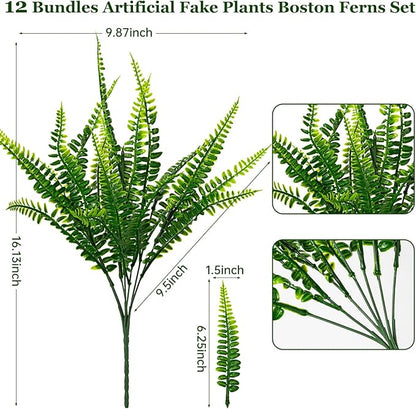 12 Bundles Artificial Fake Plants for Outdoor Faux Boston Fern for Home Decor UV Resistant Fake Plants Greenery for Front Porch Planter Indoor or Outdoor (Green)