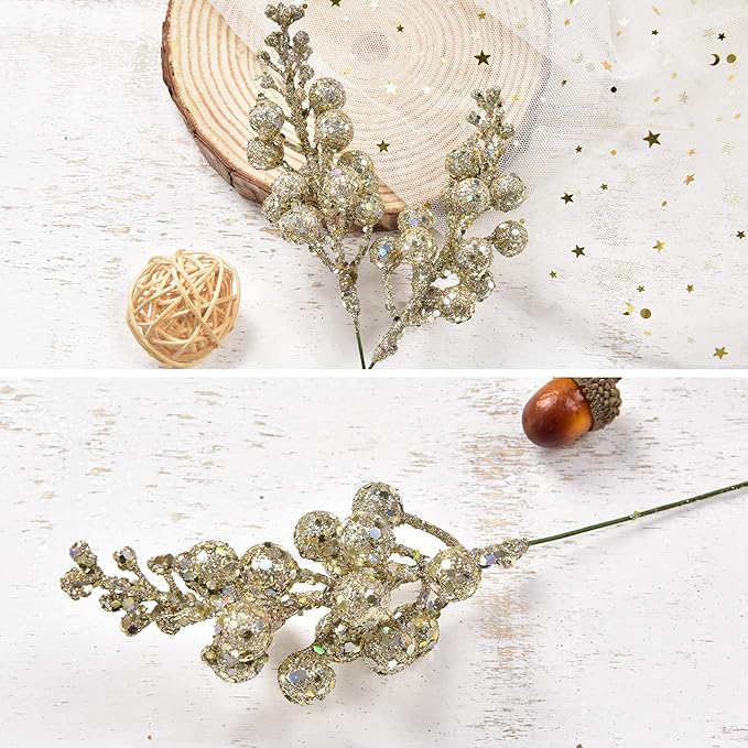 DearHouse 14 Pack Christmas Glitter Berries Stems, 7.7 Inch Champagne Artificial Christmas Picks for Christmas Tree Ornaments, DIY Xmas Wreath, Crafts, Holiday and Home Decor