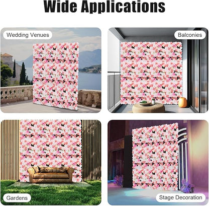 12pcs 24" x 16" Artificial Flower Wall Panel Background,3D Pink White Dahlia Silk Rose with Leaves Flowers Wall Backdrop for Wedding Party Event Photo Backdrop Wall Decor (Type 3)