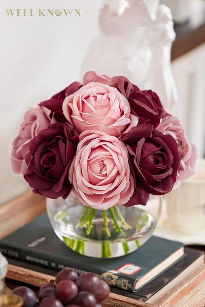 WELL KNOWN Silk Rose Artificial Flowers with Vase Artificial Rose Flower Arrangements in Round Bowl Vase with Faux Water for Home Table Decoration (Burgundy & Dusty Rose)