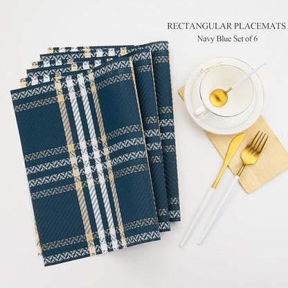 Placemats Set of 6, Washable Vinyl Place Mats Heat Resistant PVC Weave Table Mats for Dining Table Decoration Indoor/Outdoor Non-Slip Easy to Clean (Blue)