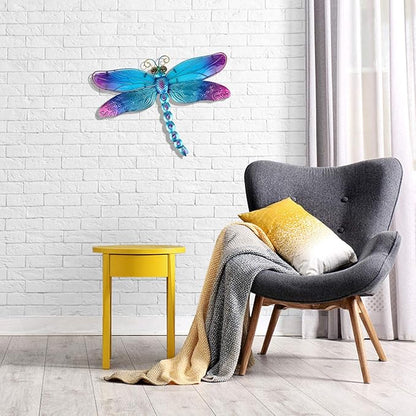 John's Studio Metal Dragonfly Wall Decor Bathroom Glass Art Iron Sculpture Outdoor Orange Hanging Decoration for Home Bedroom Garden Patio Porch or Fence - Blue