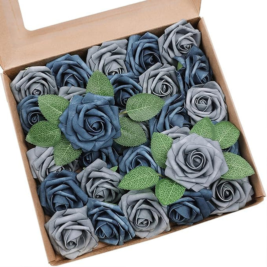 Meldel Artificial Flowers 25pcs Real Looking Dutch Blue Dusty Blue Foam Fake Roses with Stems for DIY Wedding Bouquets Bridal Shower Centerpieces Floral Arrangements Home Decorations