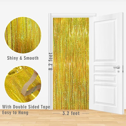 GOER 3.2 ft x 8.2 ft Metallic Tinsel Foil Fringe Curtains Party Photo Backdrop Party Streamers for Birthday,Graduation,New Year Eve Decorations Wedding Decor (3, Shiny Gold)