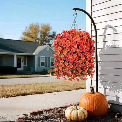 Artificial Fall Hanging Flowers for Outdoors Decoration, 2PCS Fake Plants Faux Realistic Silk Morning Glory Long Vines UV Resistant for Autumn Outside Porch Patio Balcony Yard Planter, OrangeRed