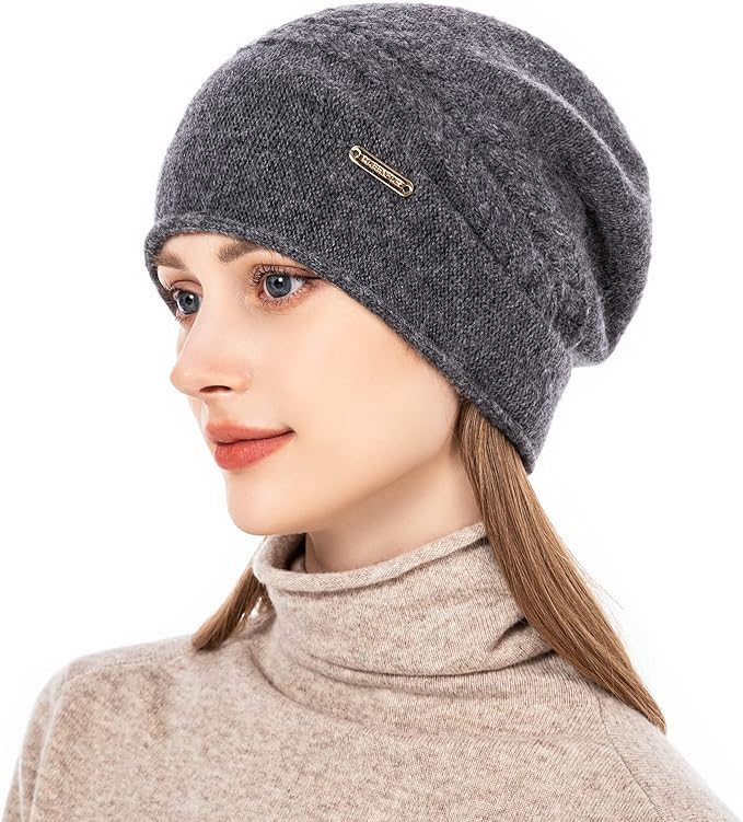 QUEENFUR Knit Slouchy Beanie Hats for Women Cashmere Ski Cap Knitted Wool Soft Warm Winter Hat