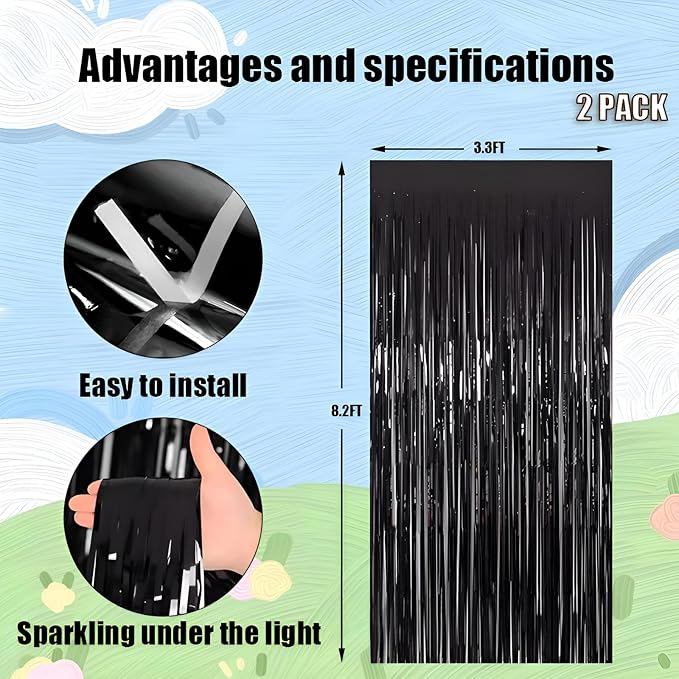 Keyali 2 Pack 3.3 * 8.3 ft Foil Curtain Metallic Tinsel Fringe Curtains Photo Booth Props Backdrop for Birthday Wedding Engagement Baby Shower Christmas Holiday Celebration Partyl,Black