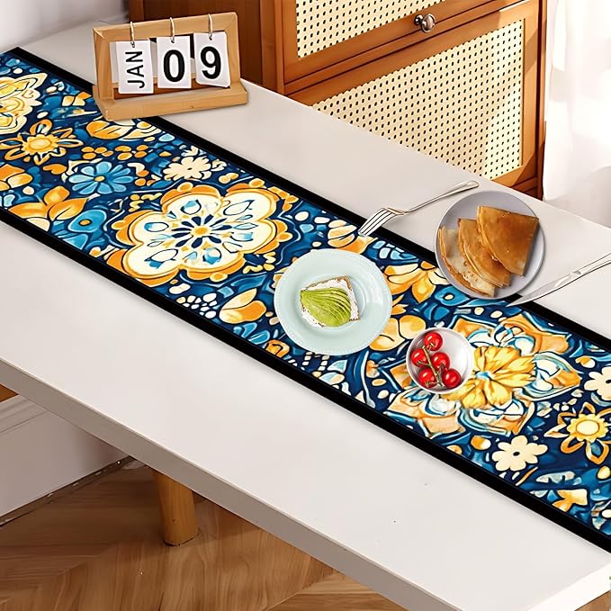Bohemian Blue & Orange Floral Table Runner – 13x72 Inch Vintage Patterned Linen-Look Fabric, Rustic Dining Table Decor, Boho Chic Home Accent for Kitchen & Parties