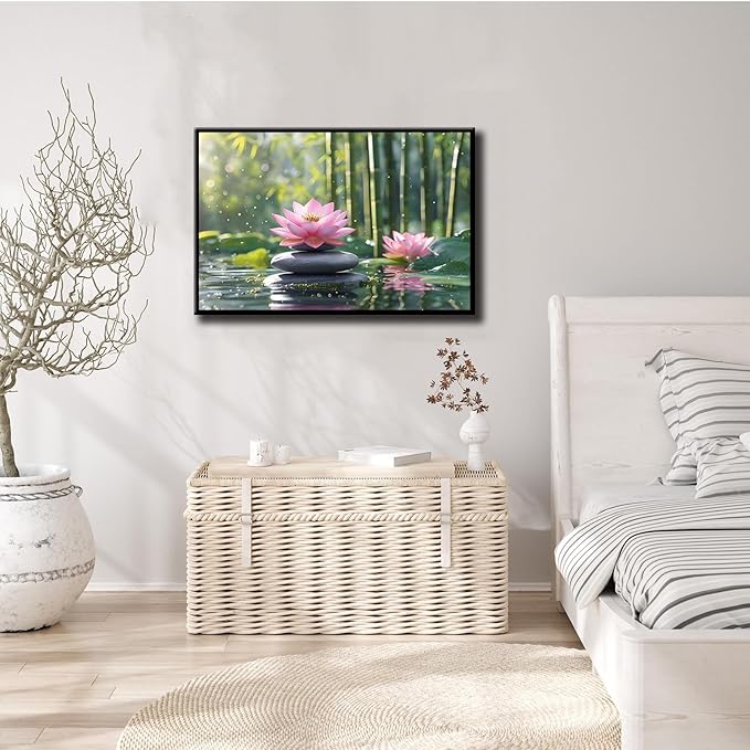 Ethereal pink lotus on obsidian Sunlit bamboo forest with sparkling water drops Poetic nature inspired wall art for tranquil homes and mindful spaces 20x30in Metal blackFramed