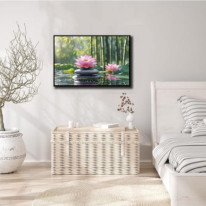 Ethereal pink lotus on obsidian Sunlit bamboo forest with sparkling water drops Poetic nature inspired wall art for tranquil homes and mindful spaces 12x18in Metal blackFramed