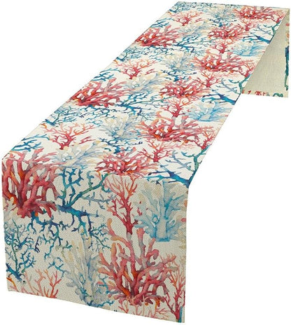 Blue Beach Table Runner, Tropical Ocean Coast Table Runner, Seashell Seasonal Nautical Restaurant Coffee Table Decorations for Home Holiday Party Indoor Outdoor 13x70 Inch
