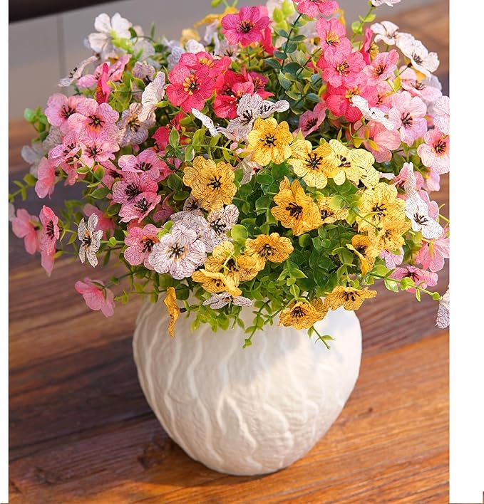 Artificial Flowers for Outdoor Indoor Garden Home Decoration, Faux Flower Daisy with Eucalyptus Leaves Fake Plants Greenery Boxwood Porch Patio, 10 Bundles(Pink-White)