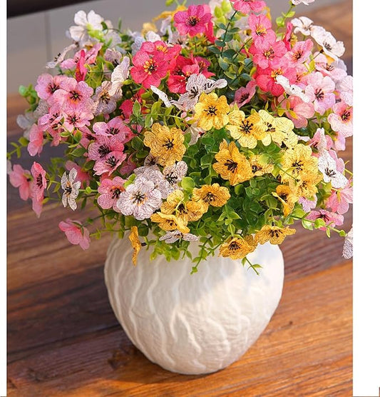 Artificial Flowers for Outdoor Indoor Garden Home Decoration, Faux Flower Daisy with Eucalyptus Leaves Fake Plants Greenery Boxwood Porch Patio, 10 Bundles(Pink-White)