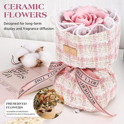 Handmade Ceramic Memorial Gift - Eternal Pink Rose Bouquet with Natural Fragrance, Ceramic Craft Artwork, Perfect for Women, Mothers, Wives, Her Birthday Gift‌