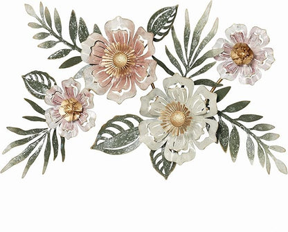 Floral Sway Wall Art Sculpture | Flower Blossoms | Bloom Metal Wall Art Decor | Hanging Wall Decor | Leaf | Pastel Pink Ivory Gold | Horizontal Vertical Nature | Handpainted | Dimensional Home Accent