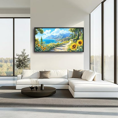 Coastal Sunflowers Large Wall Art Framed Wall Decor for Living Room Ocean Coast Pictures Oversized Canvas Print Painting Modern Extra Large Framed Artwork for Bedroom Office Home Decor 60"x30"