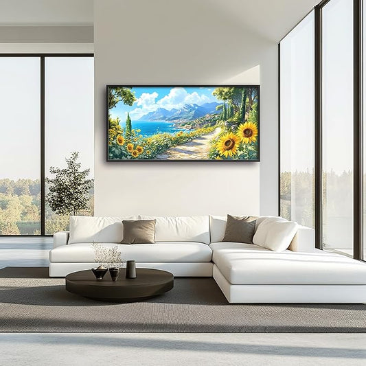 Coastal Sunflowers Large Wall Art Framed Wall Decor for Living Room Ocean Coast Pictures Oversized Canvas Print Painting Modern Extra Large Framed Artwork for Bedroom Office Home Decor 60"x30"
