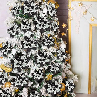 24 Christmas Glitter Artificial Poinsettia Flowers Xmas Poinsettia Artificial Wedding Flowers Decorations Xmas Tree Ornaments with Clips for Party Favors, 6 Inch, 4 Inch, 3 Inch (Black White, Gold)