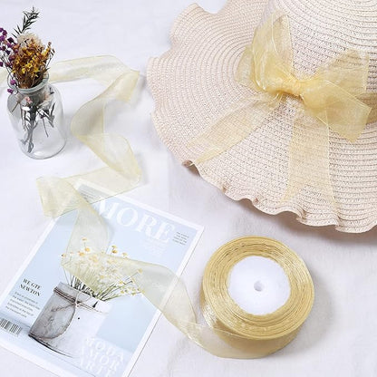 1.5 inch Sheer Organza Ribbon Gold Chiffon Ribbon for Gift Wrapping Christmas Halloween Decoration Wedding Bouquet Crafts 50 Yards